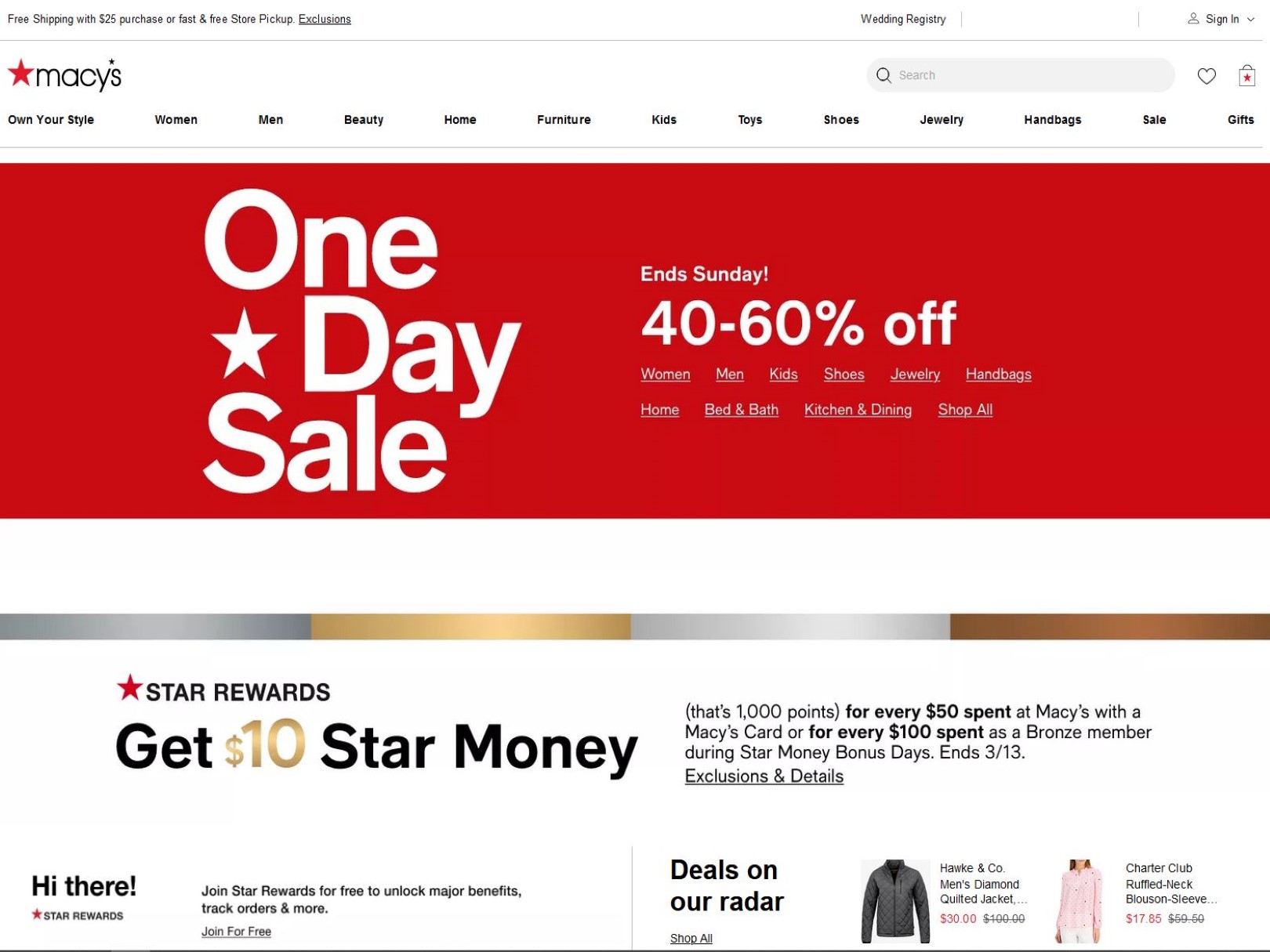 Macy's One Day Sale + 25% Off Clearance + Free Shipping on $25