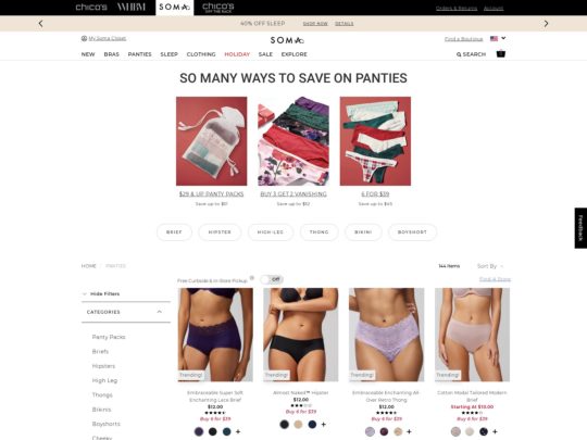 Soma Panties review, a site that is one of many popular Women's Underwear Stores