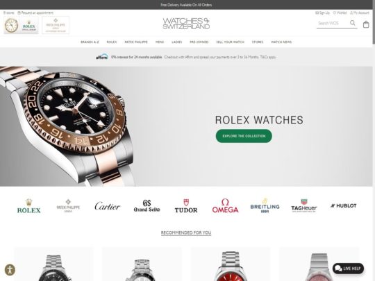 Watches of Switzerland: Luxury watch retailer offering premium brands like Rolex, Omega, and TAG Heuer.
