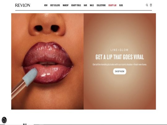 Revlon logo displayed above a range of beauty products including lipstick, foundation, and nail polish.