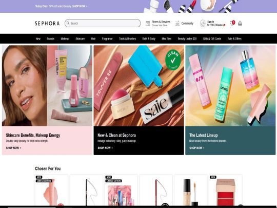 Sephora storefront with beauty products and cosmetics on display, inviting shoppers into a modern retail space.