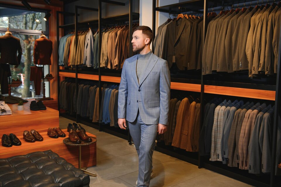 Interior of a sophisticated men’s suit boutique with elegant displays of suits, blazers, and accessories on mannequins and wooden racks.