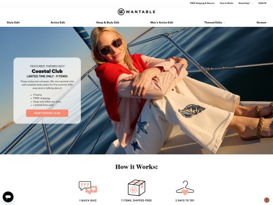 Wantable offers personalized clothing and fitness edits delivered to your door with free returns and easy styling.