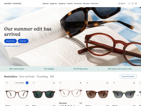 Warby Parker offers stylish, affordable glasses and sunglasses with virtual try-ons and free home try-on kits.