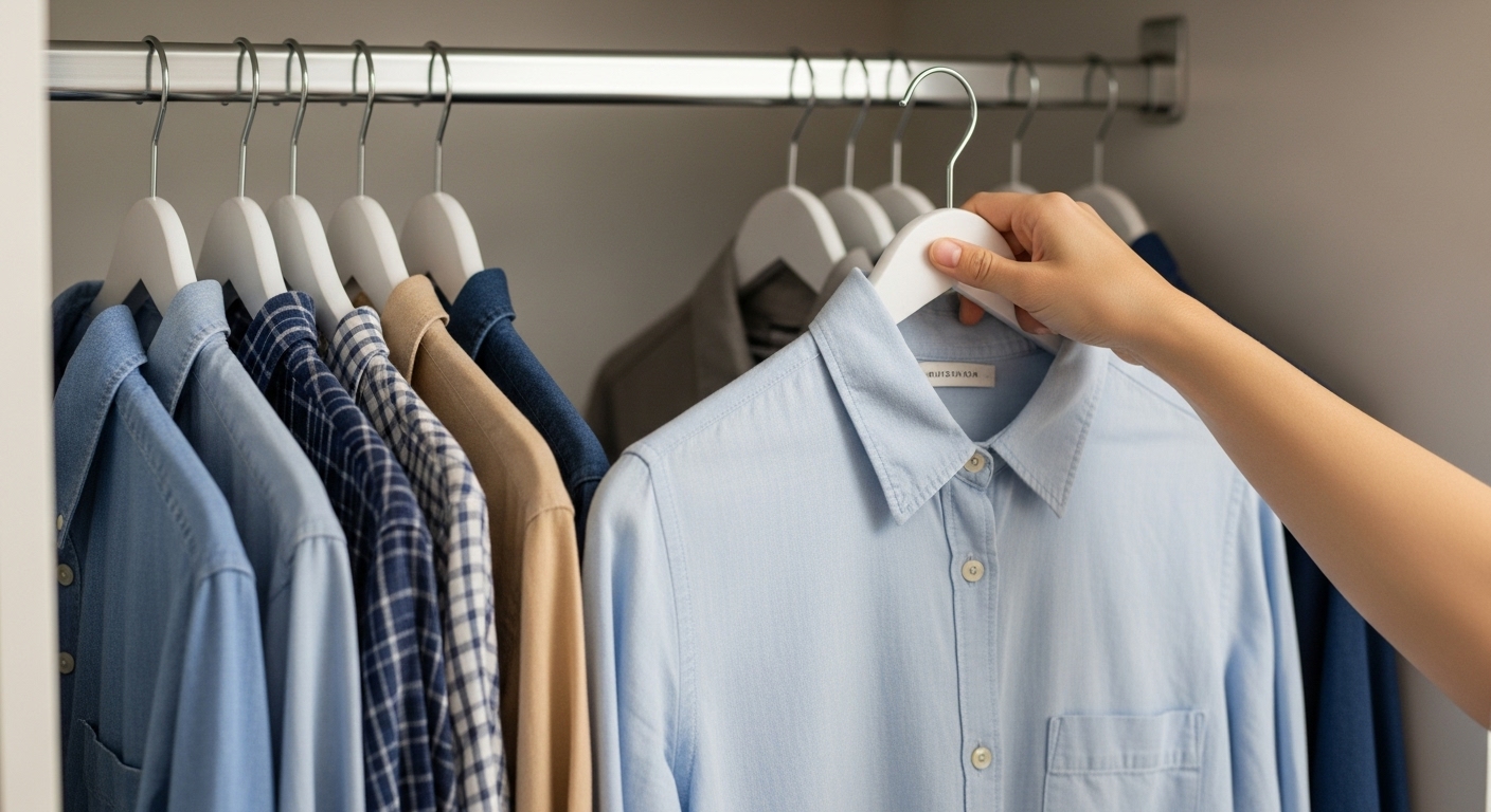 An organized closet featuring creative, repurposed items like tin can caddies and a pillowcase garment bag.