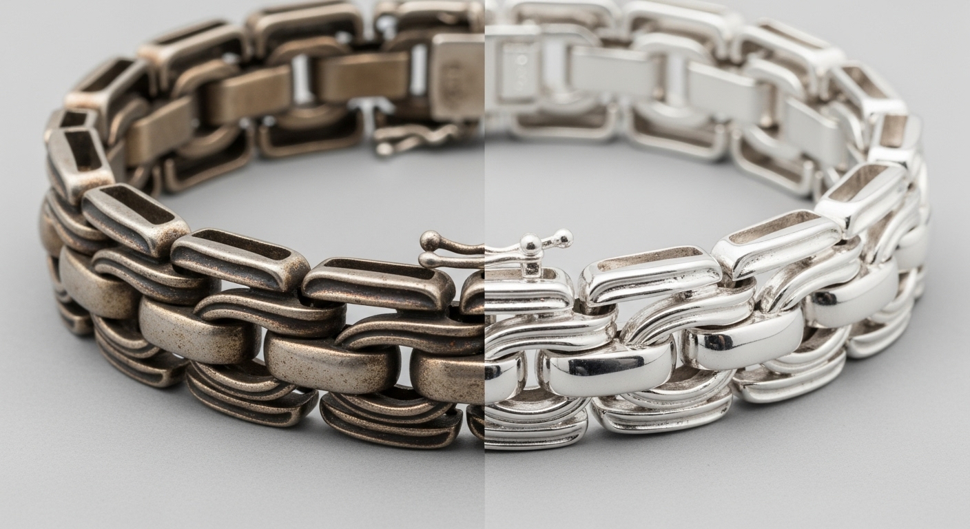 Before and After: The Tarnish-Free Difference A split-screen image comparing two bracelets. One side shows a dull, discolored, and tarnished bracelet, while the other side shows the same bracelet looking bright, shiny, and new, demonstrating the benefit of tarnish-free jewelry.