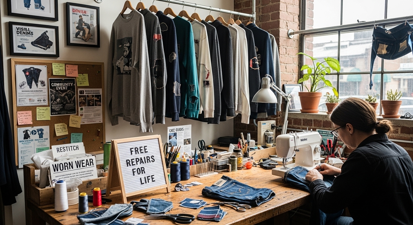 Flat lay of sustainable materials including organic cotton, hemp, recycled polyester, and mushroom leather, showcasing fabrics used in responsible streetwear.