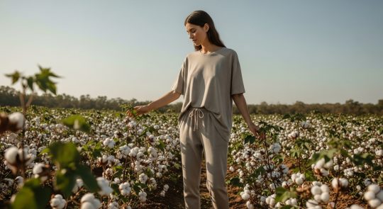 Young woman wearing organic cotton clothes for women walking in a lush cotton field, symbolizing eco-friendly fashion and sustainable living.