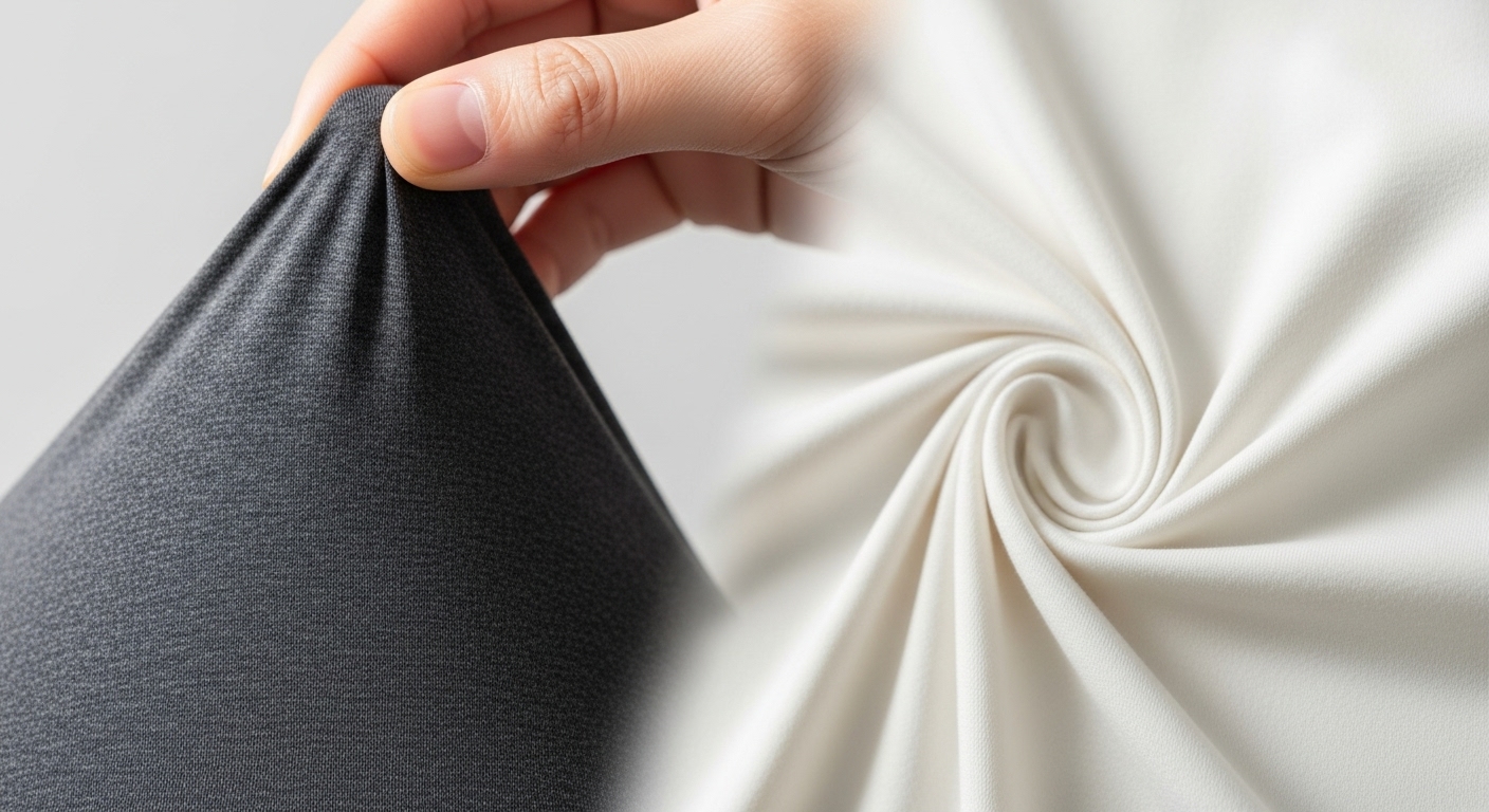 The Foundation of Your Flow: A Guide to Yoga Fabrics and Fit A close-up, split-view image showcasing the difference in yoga apparel fabrics. One side shows a hand stretching a sleek, moisture-wicking material, while the other side displays the soft, textured weave of a natural fiber.