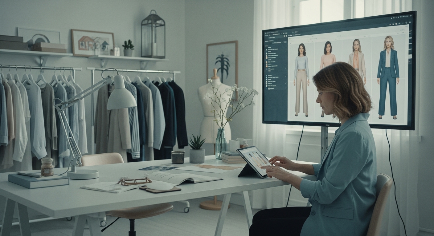 AI in Fashion – The Future of Intelligent Design and Sustainable Style A female fashion designer works on a digital tablet beside AI-generated outfit visuals, illustrating ai in fashion design, personalization, and sustainability in modern apparel development.
