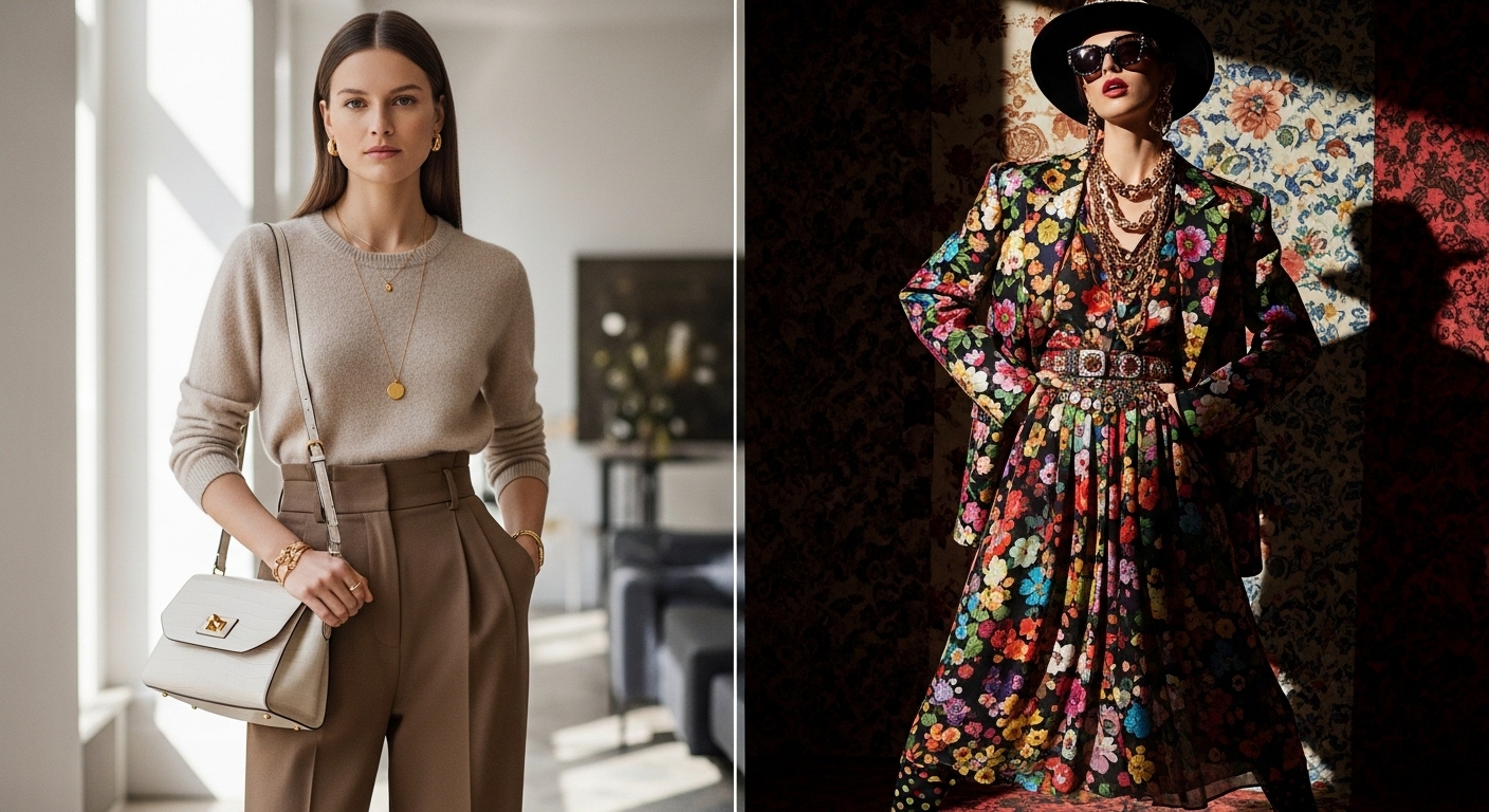 Side-by-side fashion editorial contrasting quiet luxury fashion in soft neutrals with maximalist style in bright patterns and bold accessories, symbolizing the dual trends shaping 2025.