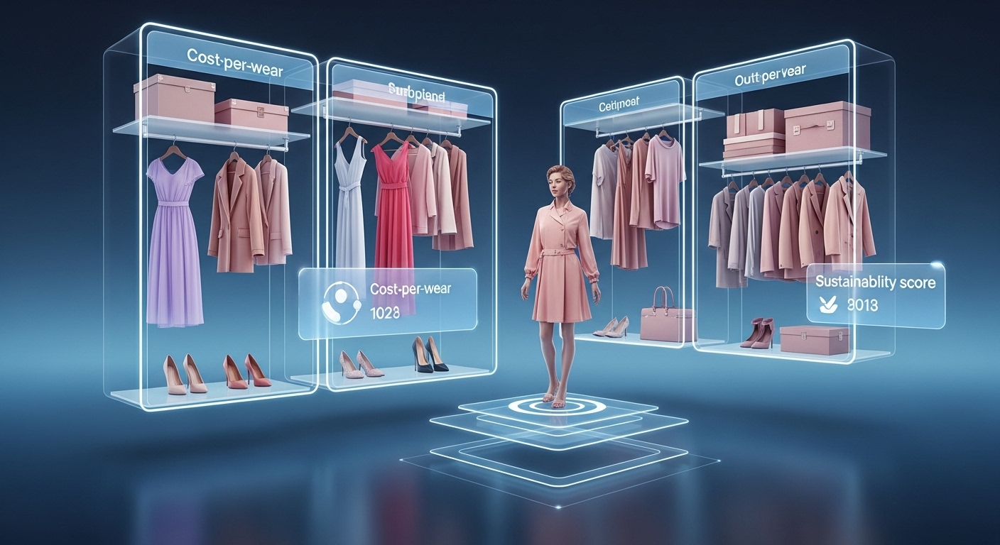 Futuristic digital wardrobe concept with holographic clothing, a virtual avatar trying on outfits, and analytics like cost-per-wear and sustainability scores displayed on screen.