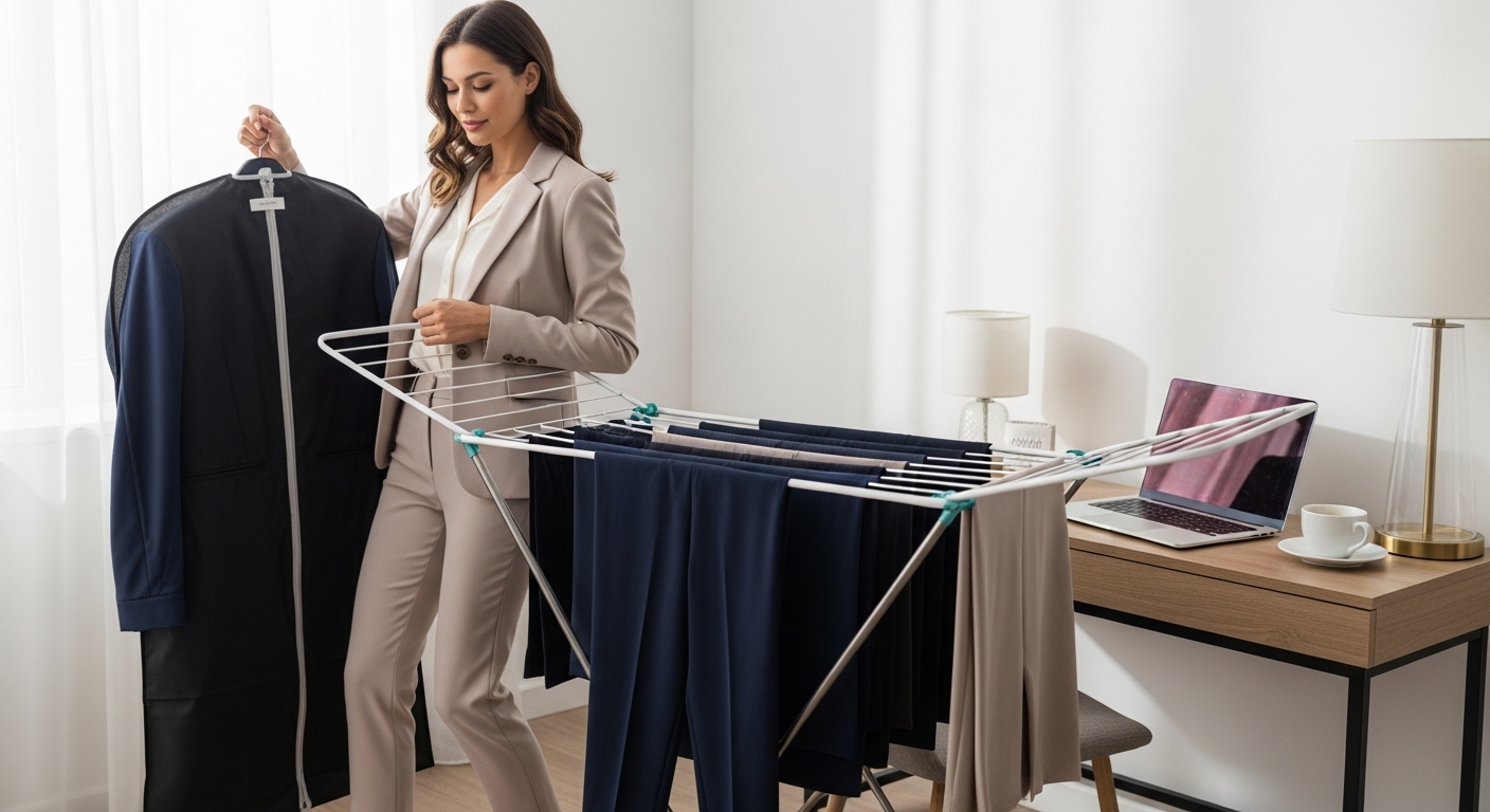 Professional woman in a black machine washable suit for travel, highlighting comfort, wrinkle resistance, and affordability under $250