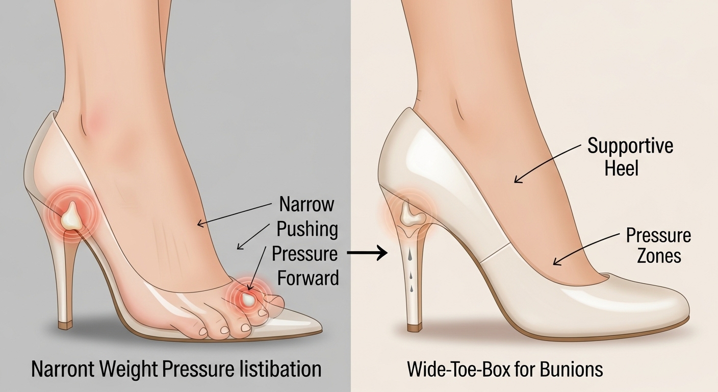 Stylish Wedding-Guest Shoes with Wide Toe Box Comfort Close-up of nude and metallic wedding-guest heels with wide toe boxes arranged on a soft fabric surface, highlighting round and square toe shapes made for bunions and sensitive feet.
