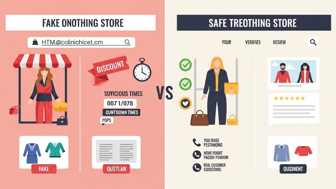 Fake vs Legit Online Clothing Store Red Flags Comparison Comparison of fake and trustworthy online clothing stores showing suspicious URLs, unrealistic discounts, secure payments, and verified reviews
