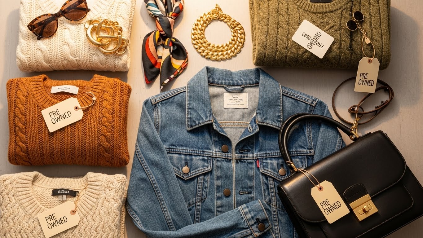 Curated Vintage and Secondhand Fashion Finds Online Flat lay of pre-owned designer handbags, vintage denim, knit sweaters, and accessories showcasing quality secondhand fashion pieces.