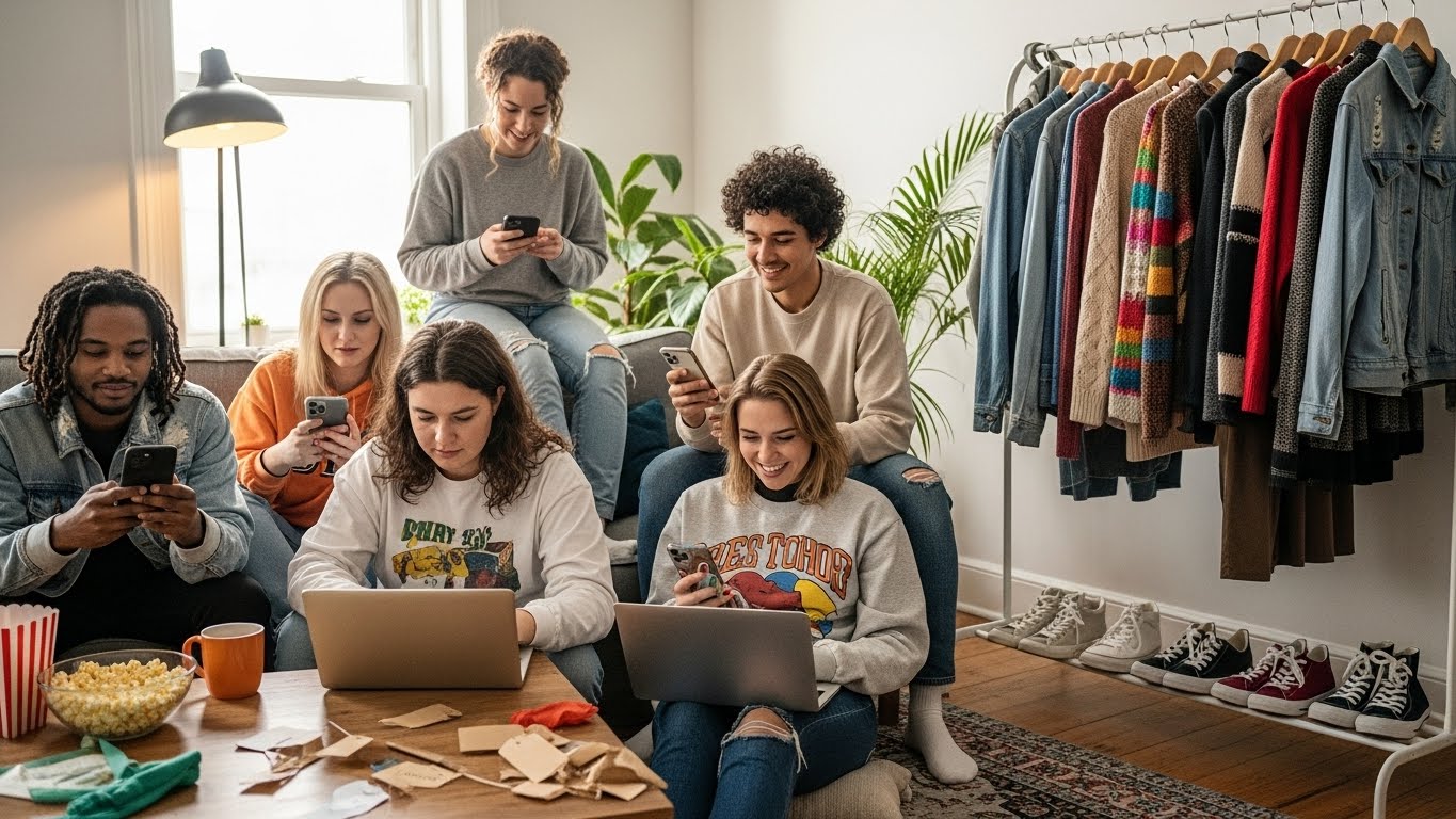 Sustainable Online Thrift Shopping for Vintage Clothing Shoppers browsing secondhand fashion on phones and laptops at home with racks of vintage jackets, sweaters, and sneakers in the background.