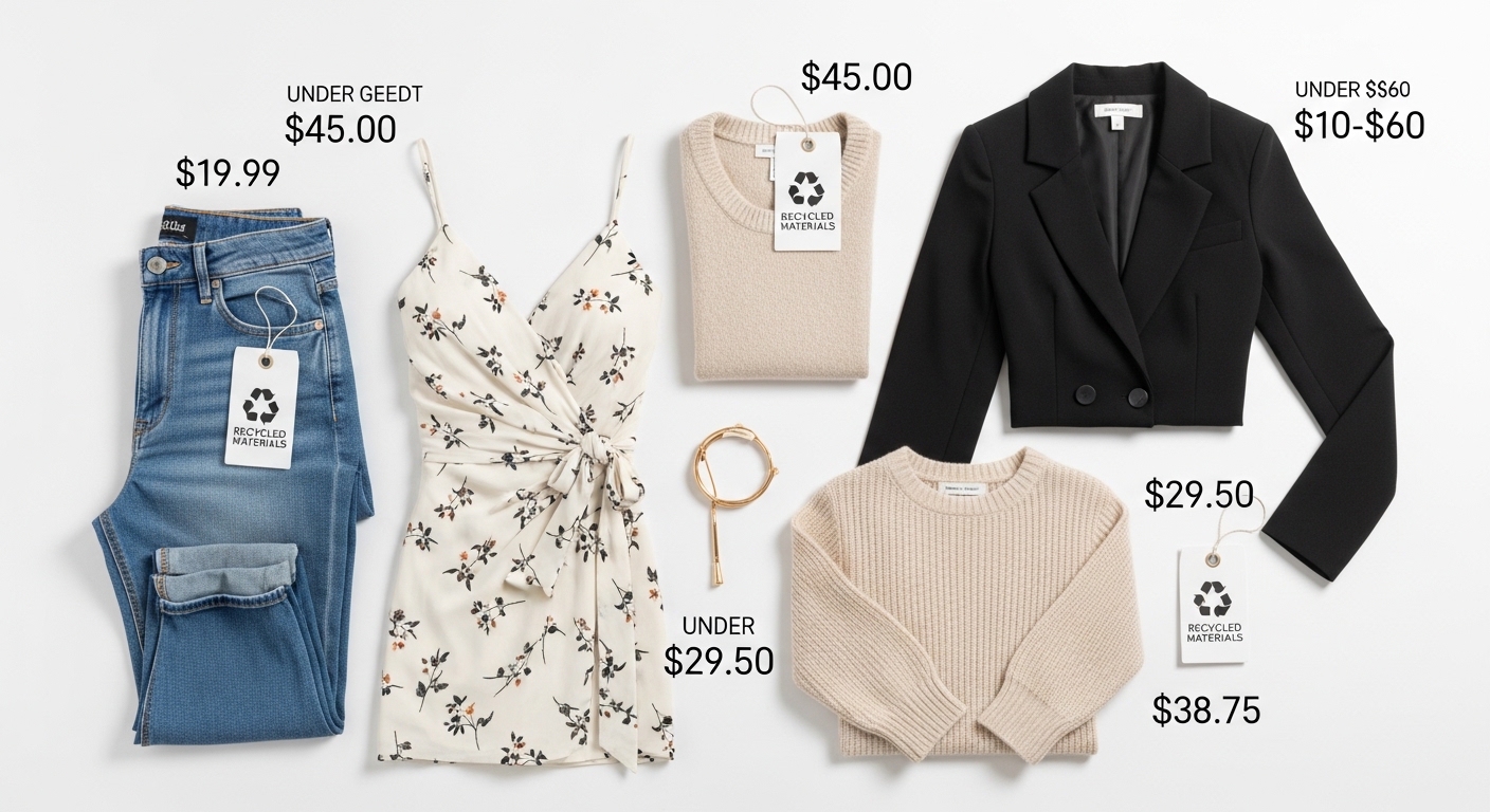 Flat lay of sustainable fashion pieces under $50, including jeans, wedding guest dress, and cozy sweater, showcasing affordable online clothing stores in 2026.