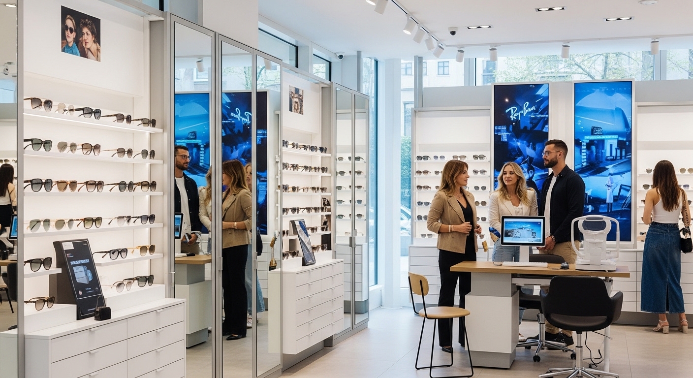 Designer vs Affordable Sunglasses Shopping Guide 2026 Concept image showing luxury designer sunglasses store on one side and online shopping with virtual try-on technology on laptop and smartphone for affordable sunglasses options.