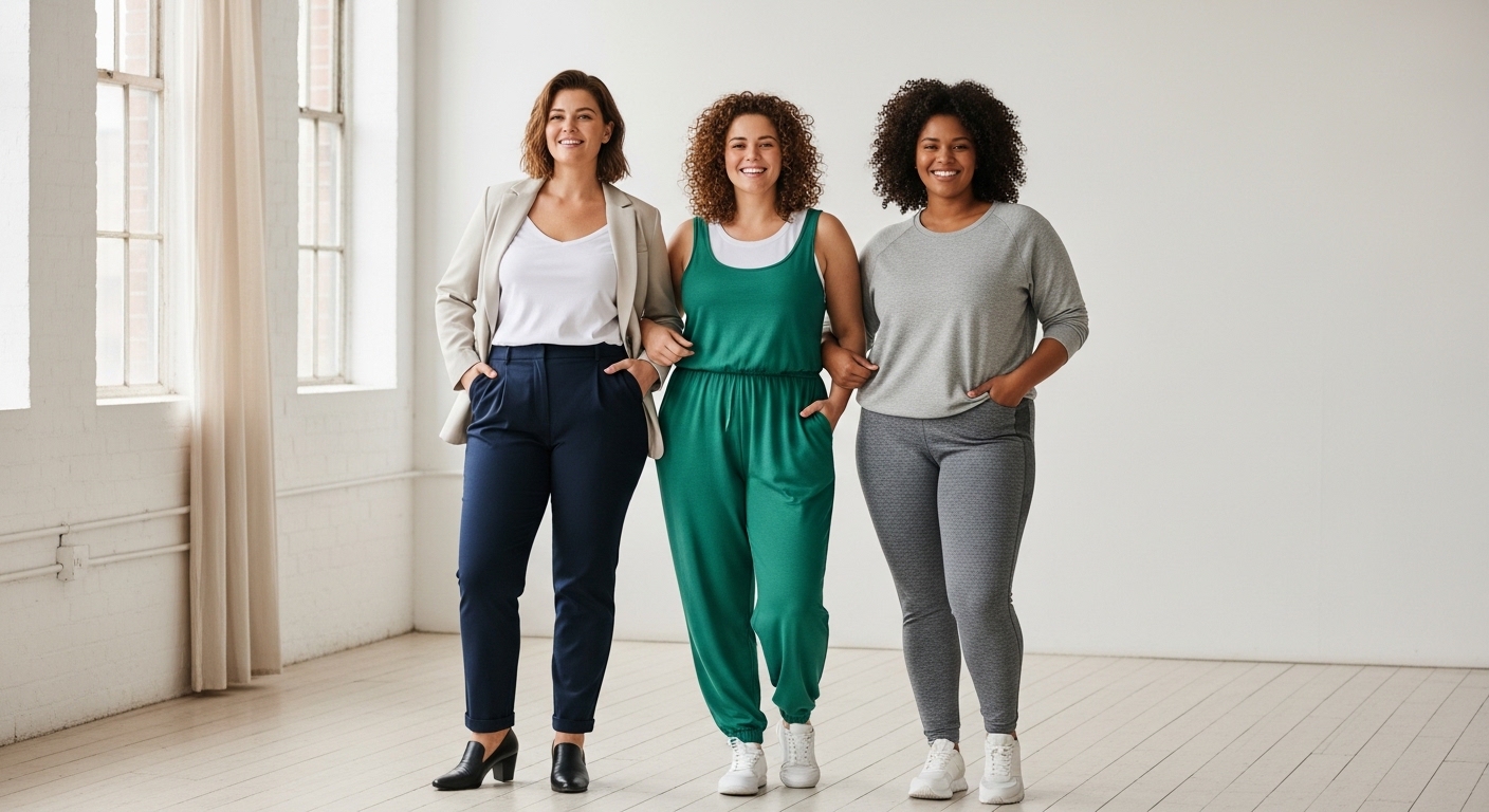 Three diverse plus-size women wearing different stylish outfits including workwear, a casual jumpsuit, and athleisure wear, highlighting inclusive plus-size fashion options available in 2026.