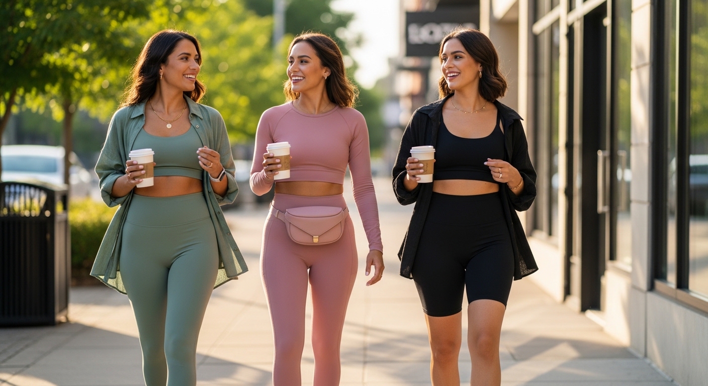 Three diverse women wearing coordinated matching activewear sets in trending colors, walking outdoors in an urban setting, representing the best athleisure and lifestyle activewear brands for women in 2026 including Gymshark, Set Active, and Vuori.