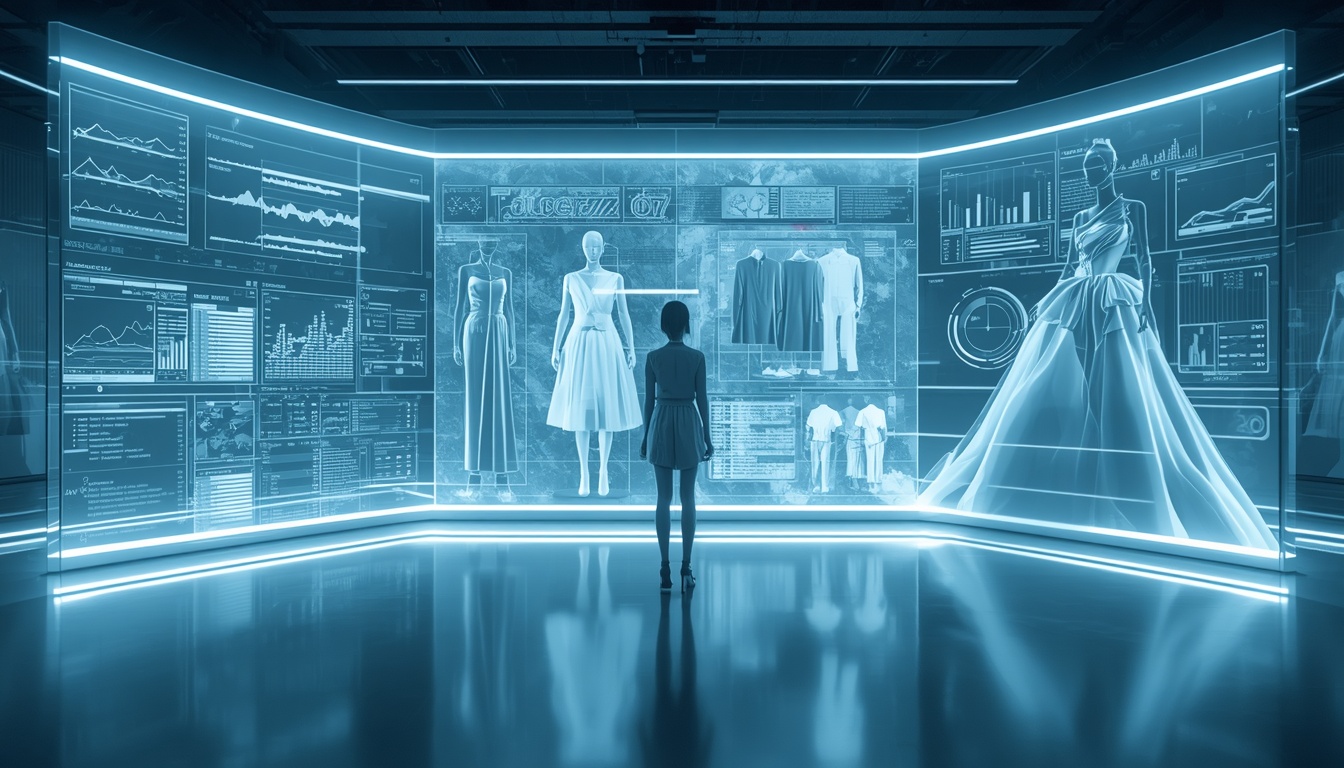 AI in Fashion Industry Virtual Try-On Shopping Experience Fashion shopper using an AI virtual try-on mirror inside a luxury retail store with realistic digital outfit previews and modern fashion styling.