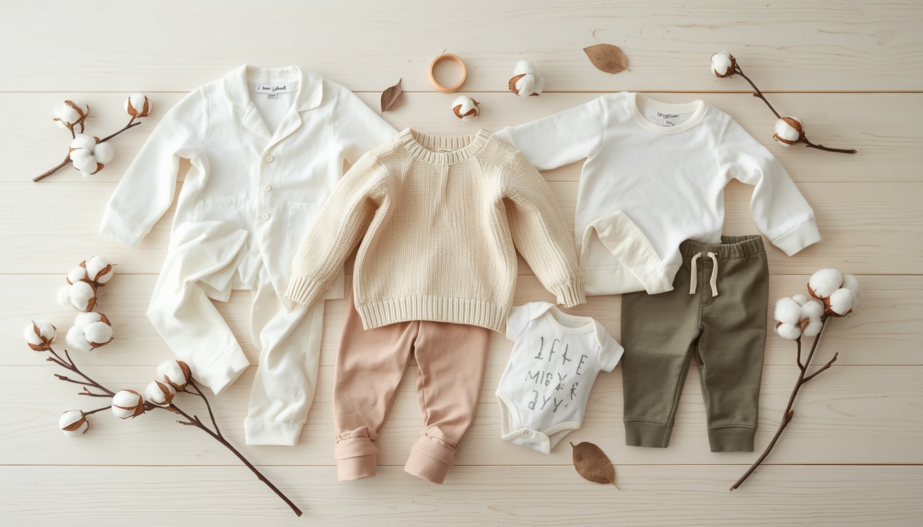 Sustainable Organic Cotton Baby and Kids Apparel Flat Lay Flat lay of organic cotton baby and children's clothing featuring cozy pajamas, rompers, sweater, tee, and leggings arranged on a wooden surface with natural decorative elements and neutral tones.