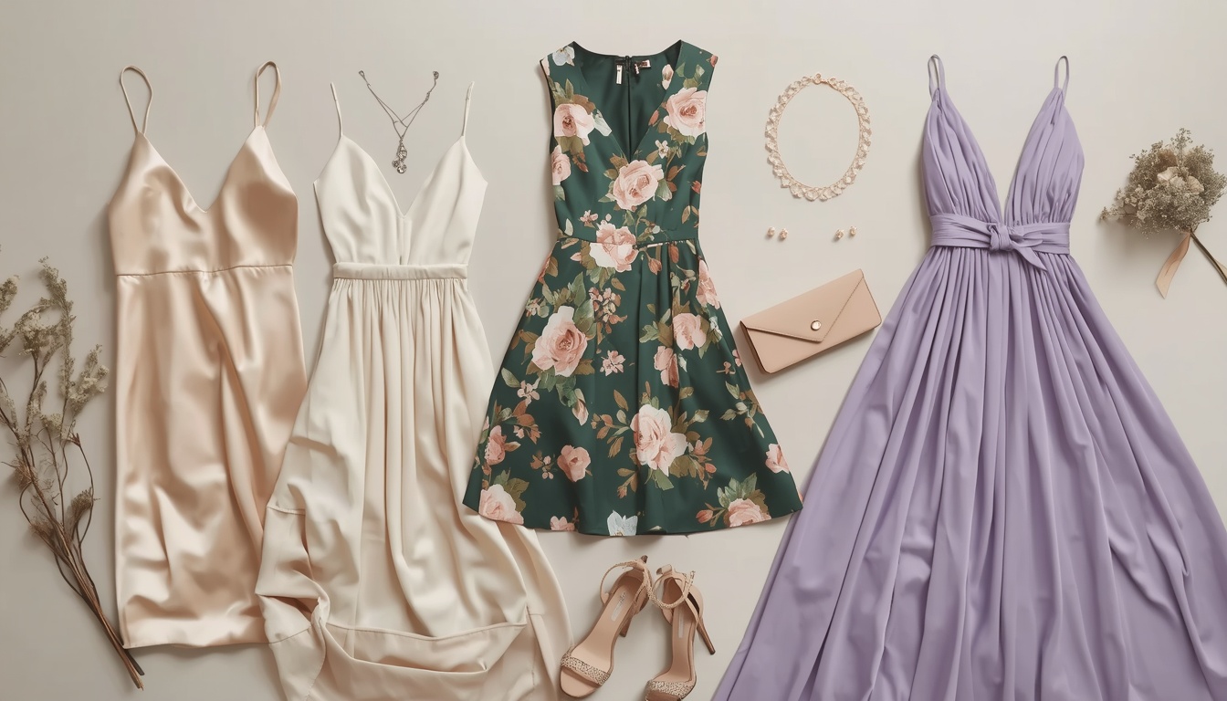 Fast-Shipping Wedding Guest Dress Styles for Every Dress Code Stylish wedding guest dresses featuring formal gowns, romantic floral designs, minimalist slip dresses, and contemporary cocktail dresses arranged in a clean luxury fashion display.
