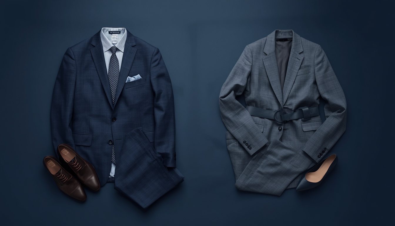 Men's and Women's Suiting Essentials Flat Lay Flat lay of men's and women's suiting essentials including blazers, trousers, ties, belts, and dress shoes on a navy backgroundd
