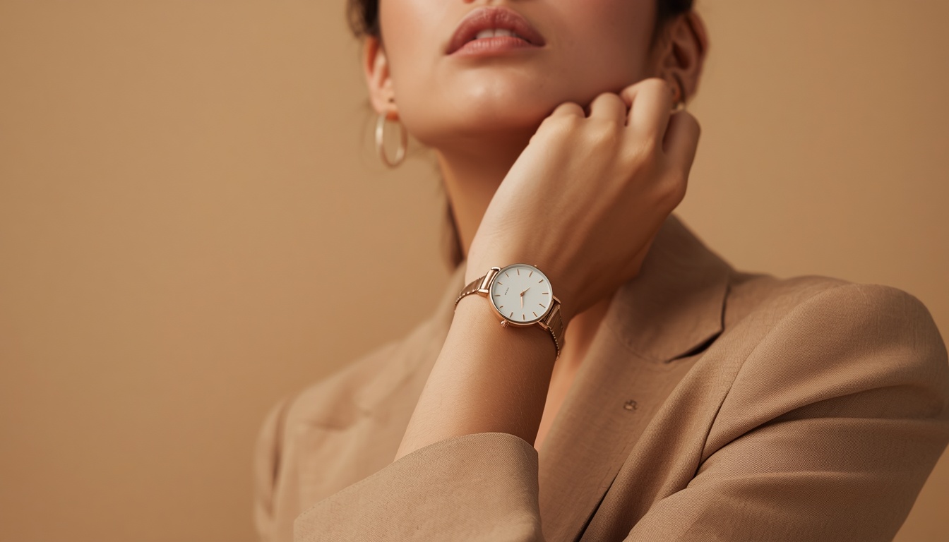 Modern Affordable Women's Watch for Everyday Fashion A close-up of a woman wearing a modern affordable watch that complements a casual outfit on a solid pastel blue background.