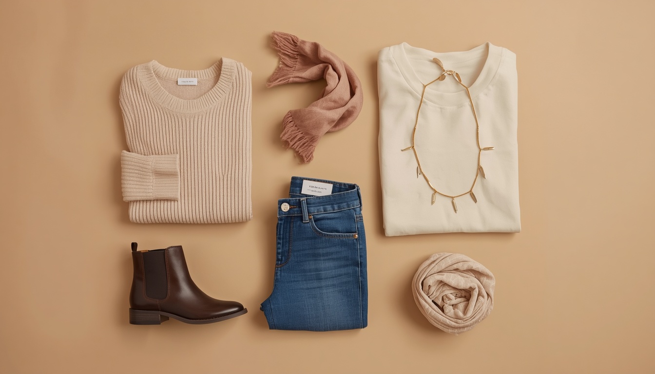 Flat lay of petite wardrobe essentials including a cropped sweater, petite-cut denim jeans, ankle boots, and gold necklace on a beige background